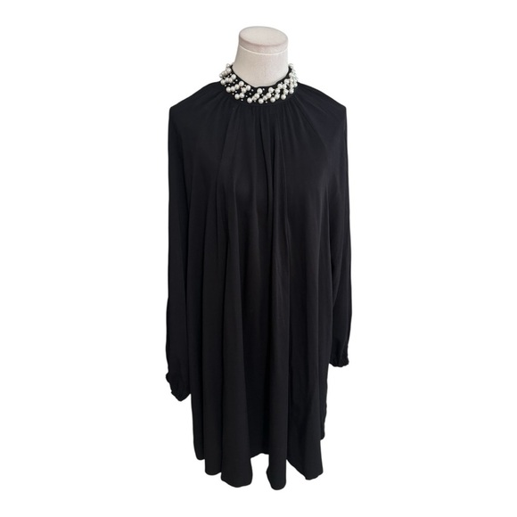 H&M Black Long Sleeve Dress Pearls Collar Mini Holiday Balloon Flowy Size 10 - Picture 3 of 10